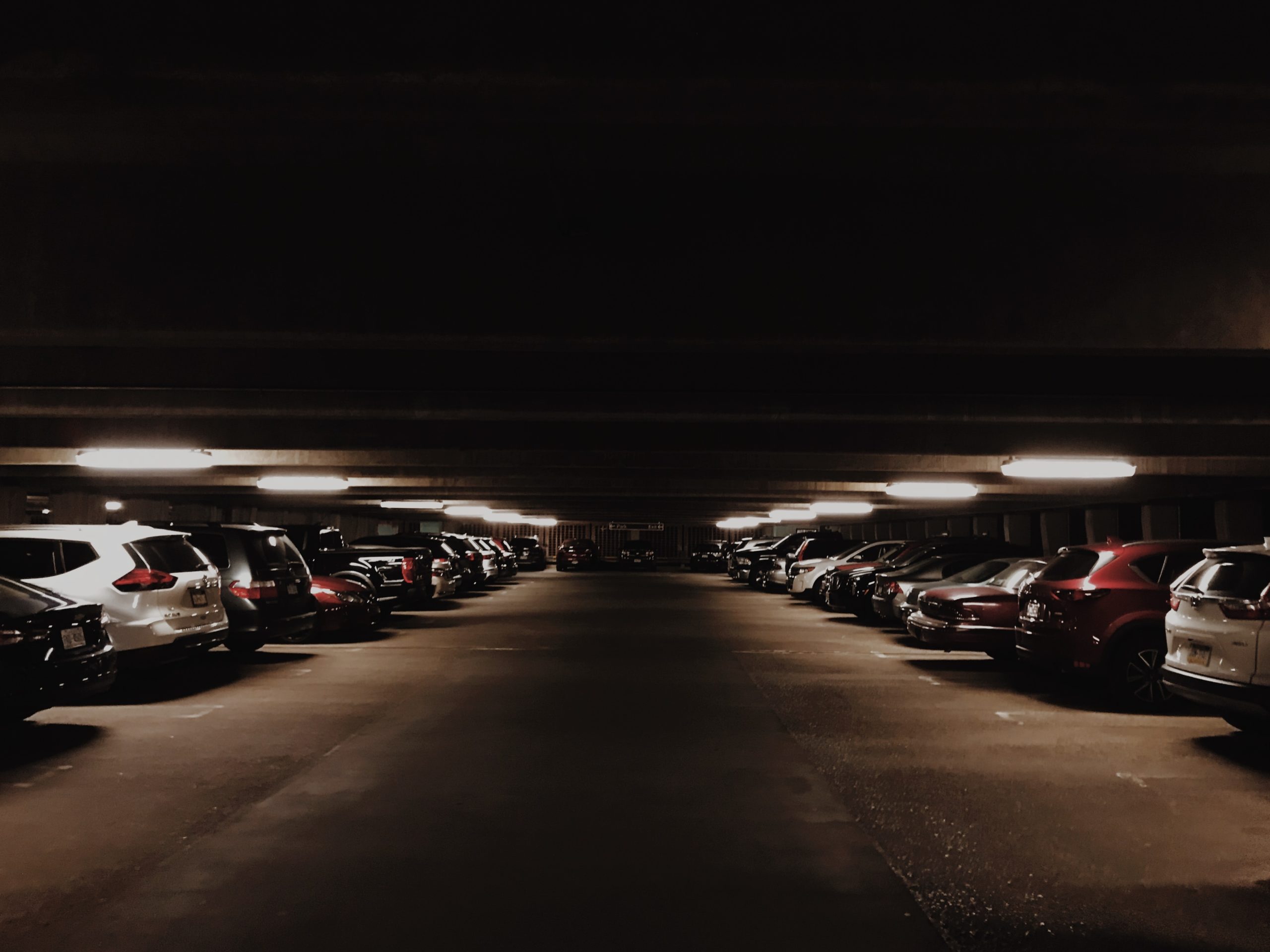 Parking garage lit at night