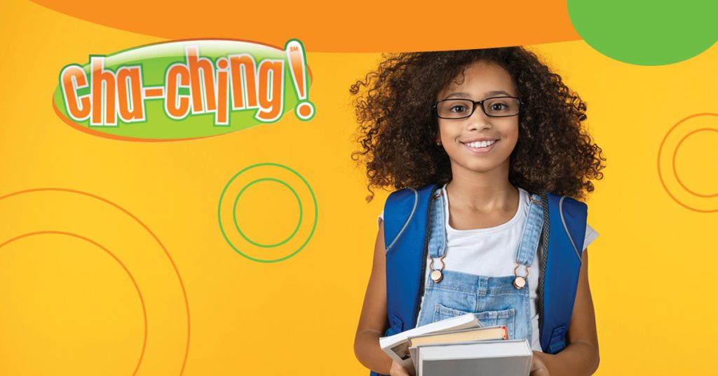 ChaChing Teen Club logo next to young girl holding books