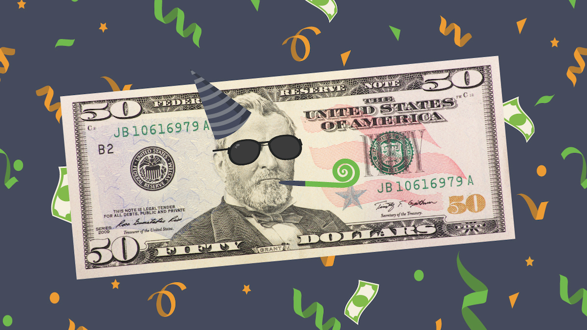 President Grant on US $50 bill wearing sunglasses, a party hat, and party blower
