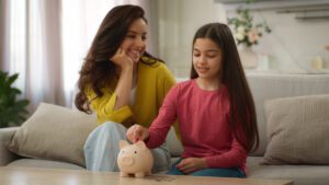 Mother and daughter inserting coin in piggybank