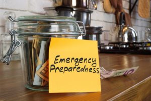 Jar with savings and label emergency preparedness.