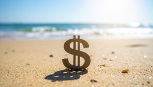 Dollar symbol on sandy beach. Financial prosperity and wealth. Business and money, economic success