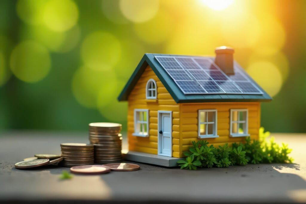 Tiny solar-powered house model, coins displayed, growth, tiny